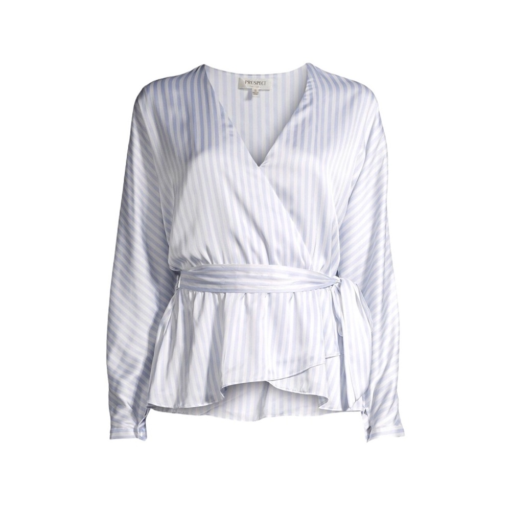 Prospect the Label Sky Blue Striped Faux Wrap Polyester Satin Blouse Top